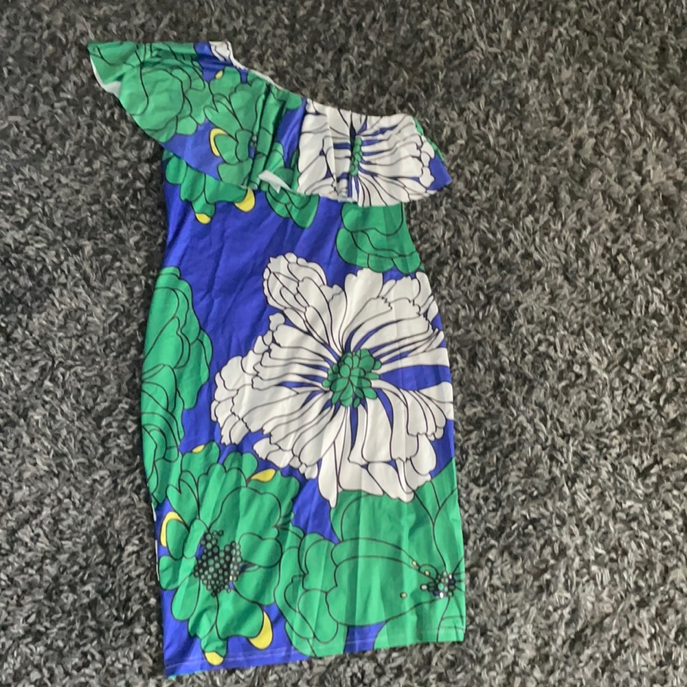 Vibrant Blue/Green/White One Shoulder Bodycon Dress